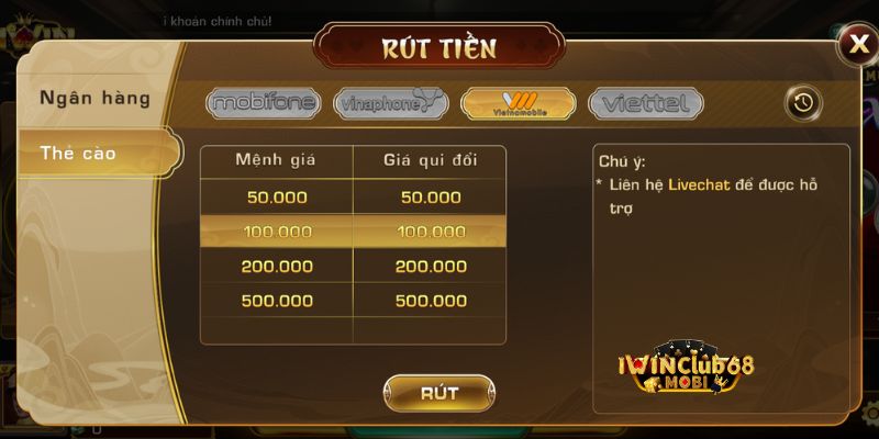 Cách rút tiền thưởng iWin qua thẻ cào Vietnamobile